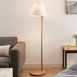 Lucande gulvlampe Jinda, hvid, træ, stof, 160 cm, E27