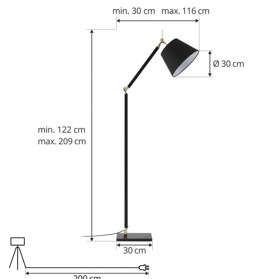 Lucande gulvlampe Marvaine, sort/guldfarvet, justerbar