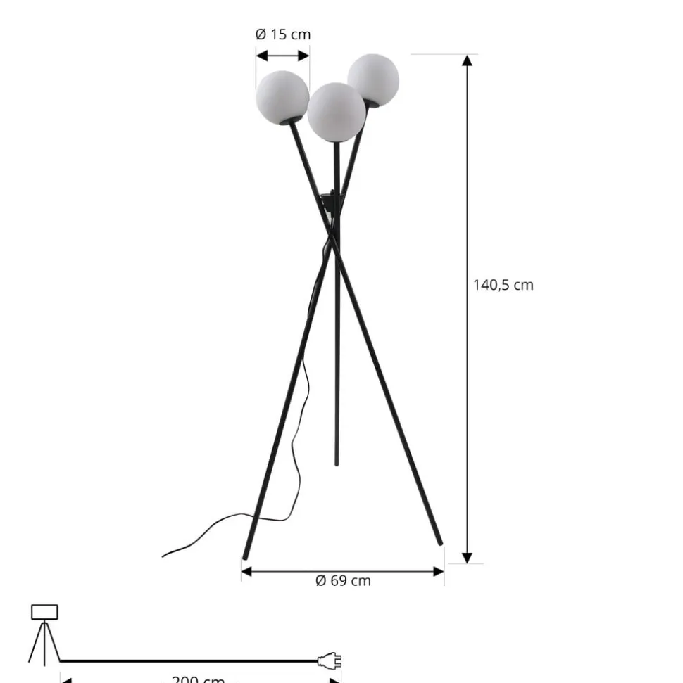 Lucande gulvlampe Visata, sort, glas, 3-lys, stativ