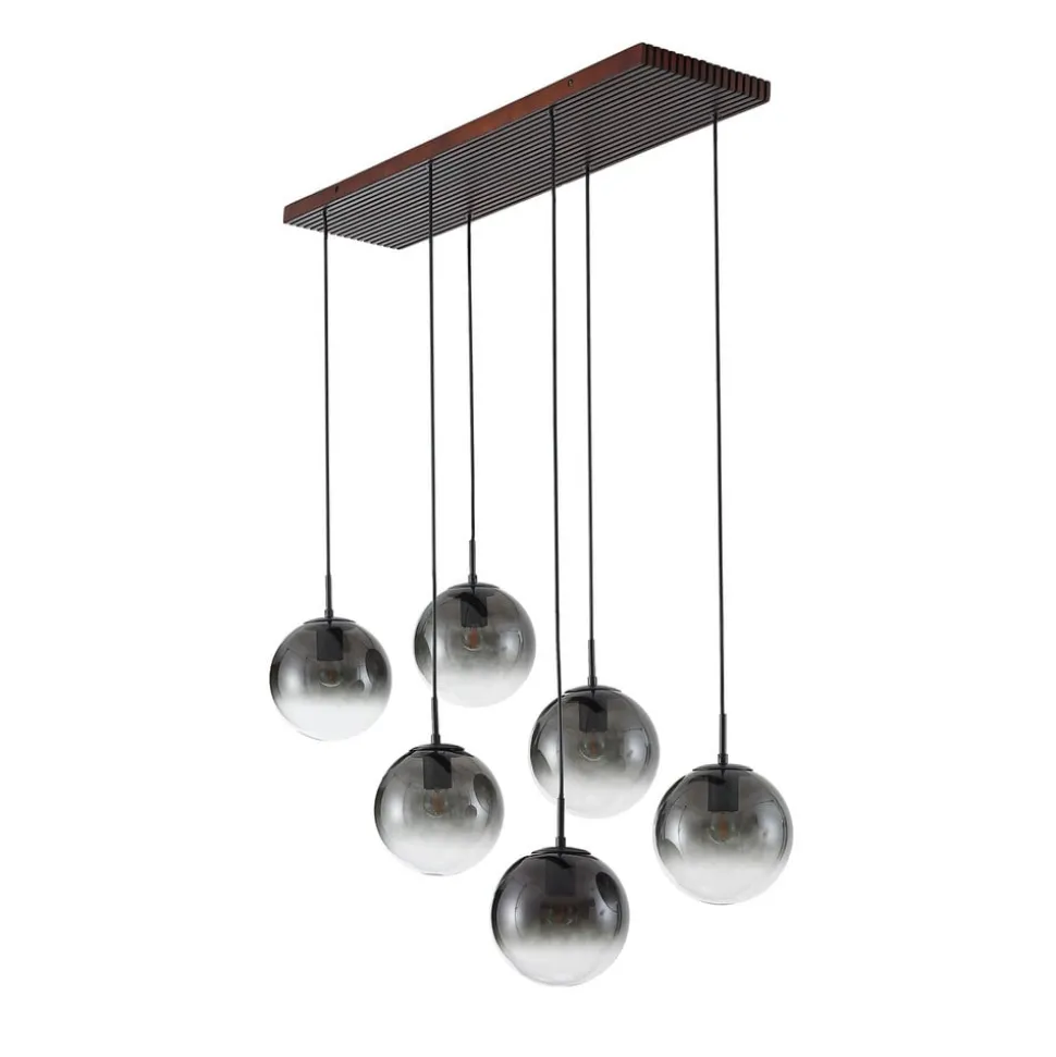 Lucande hængelampe Veloura, 6 lyskilder, 100 cm, glas, træ