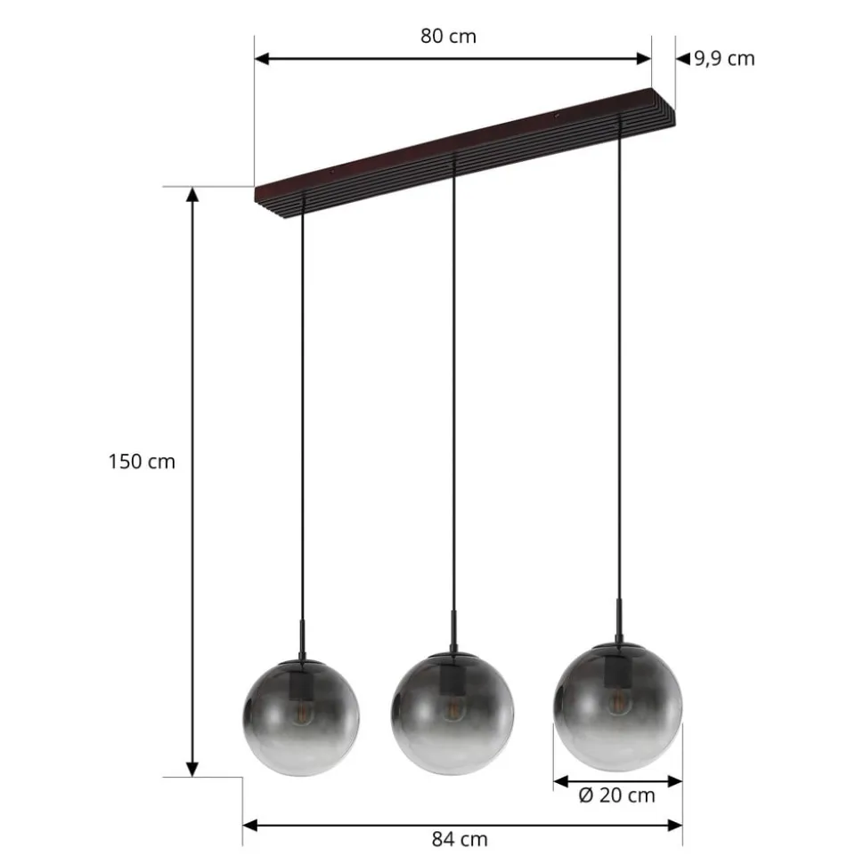 Lucande hængelampe Veloura, 3 lyskilder, 84 cm, glas, træ