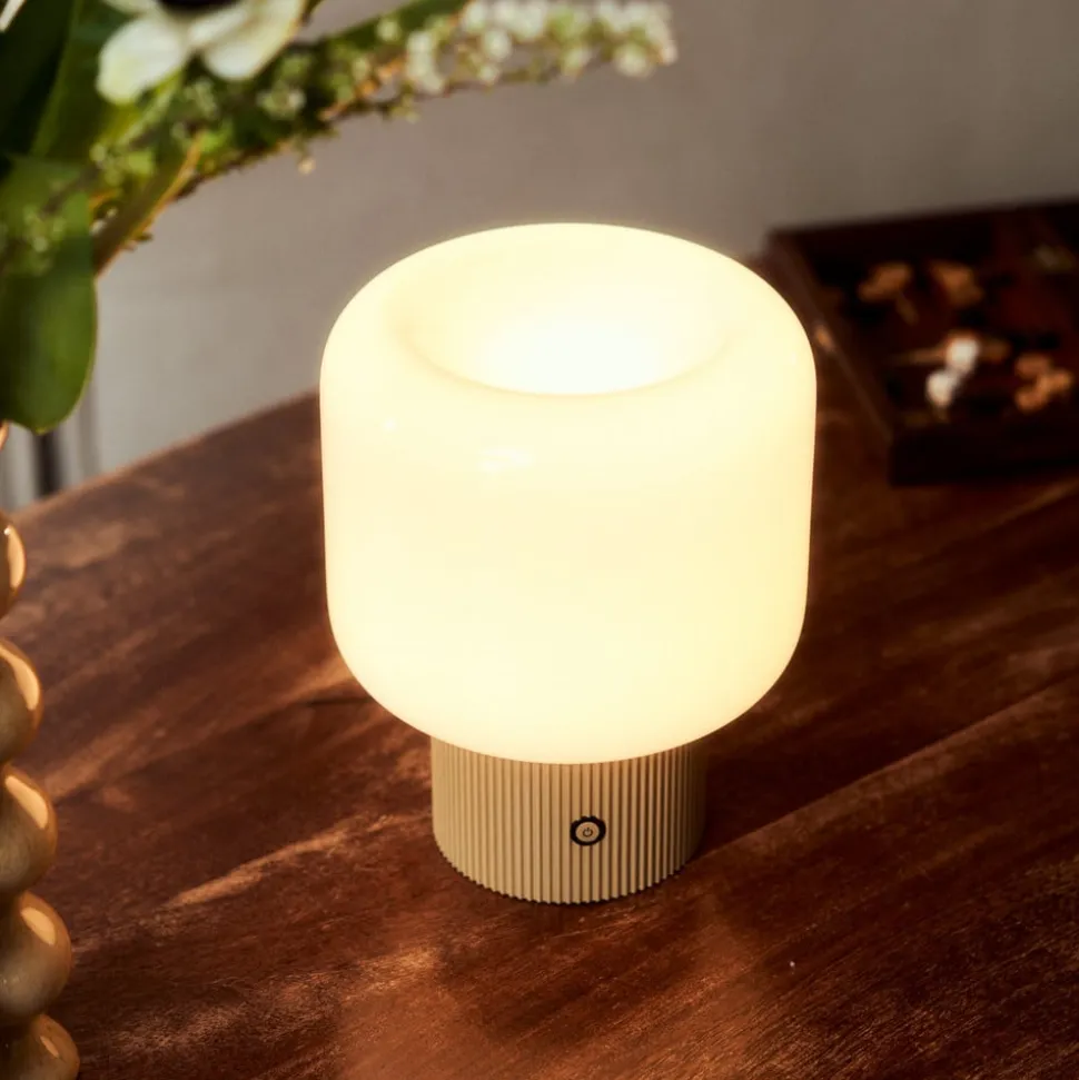Lucande LED-batteridrevet bordlampe Katrin Palme, beige, glas