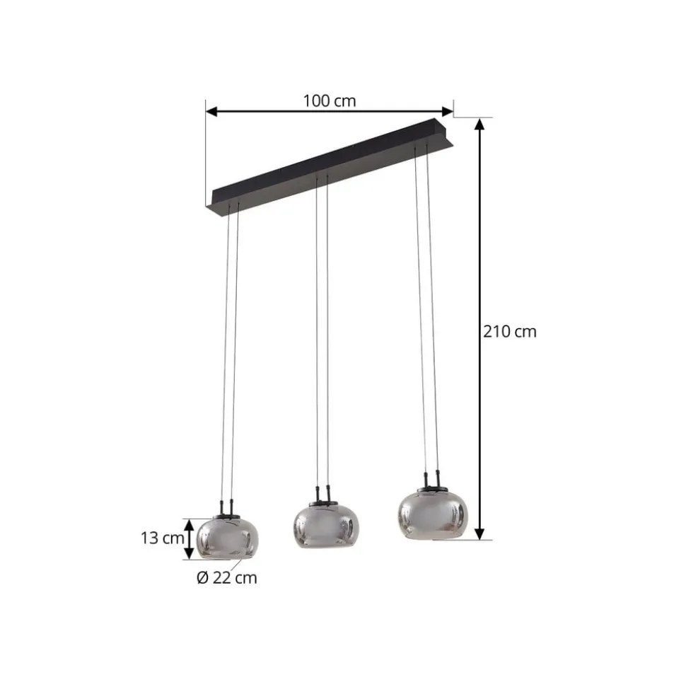 Lucande LED-hængelampe Dain, 3 lyskilder, røggrå, glas