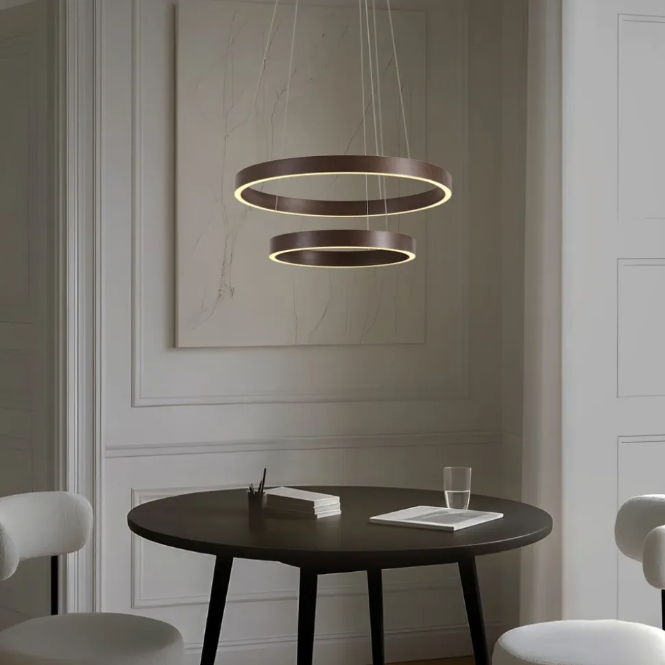 Lucande LED-hængelampe Yonam, Ø 60 cm, 2 lyskilder, brun, CCT