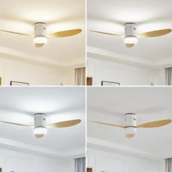 Lucande LED-loftventilator Kayu, hvid/træ, DC, 132 cm