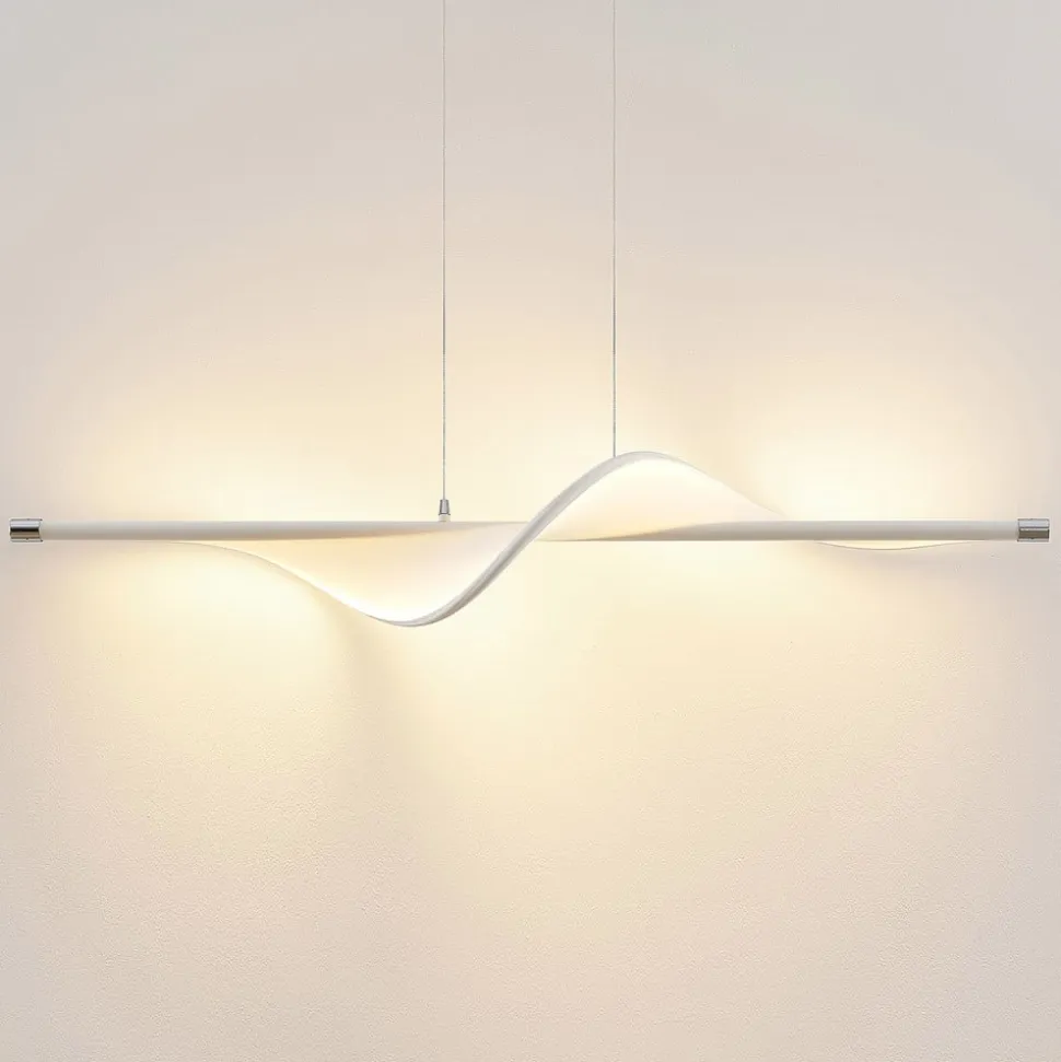 Lucande LED-pendellampe Edano, 122 cm, hvid, tekstil, dæmpbar