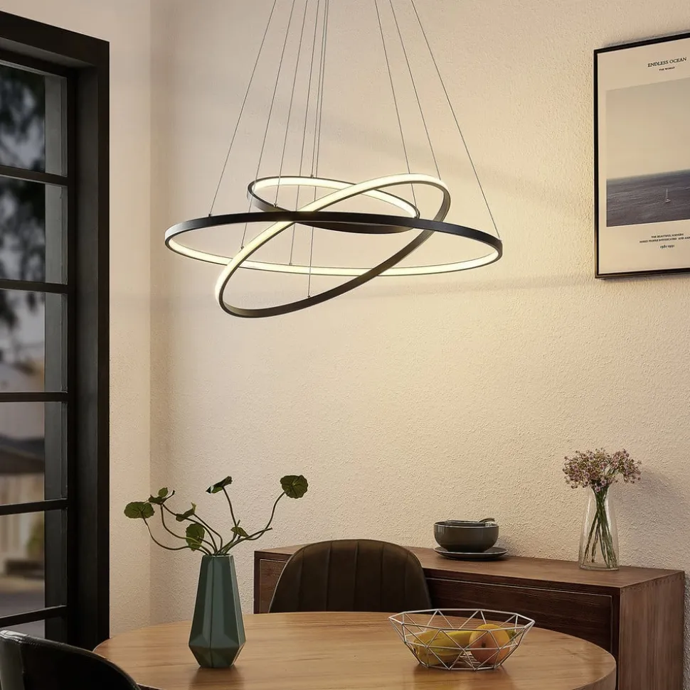 Lucande LED-pendellampe Ezana, sort, metal, Ø 80 cm