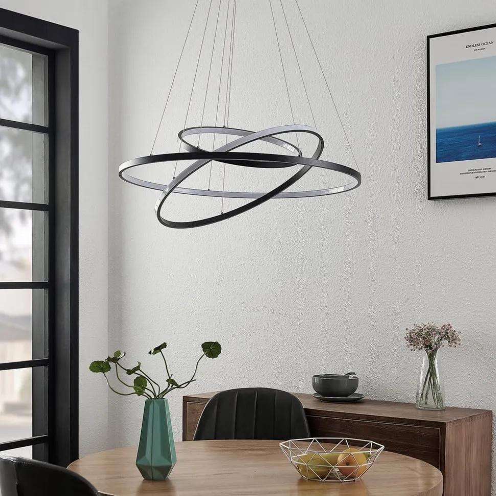 Lucande LED-pendellampe Ezana, sort, metal, Ø 80 cm