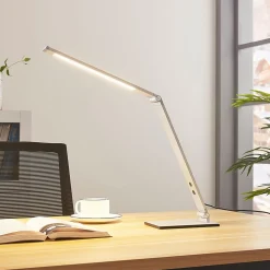 Lucande LED-skrivebordslampe Nicano, grå, metal, dæmpbar.