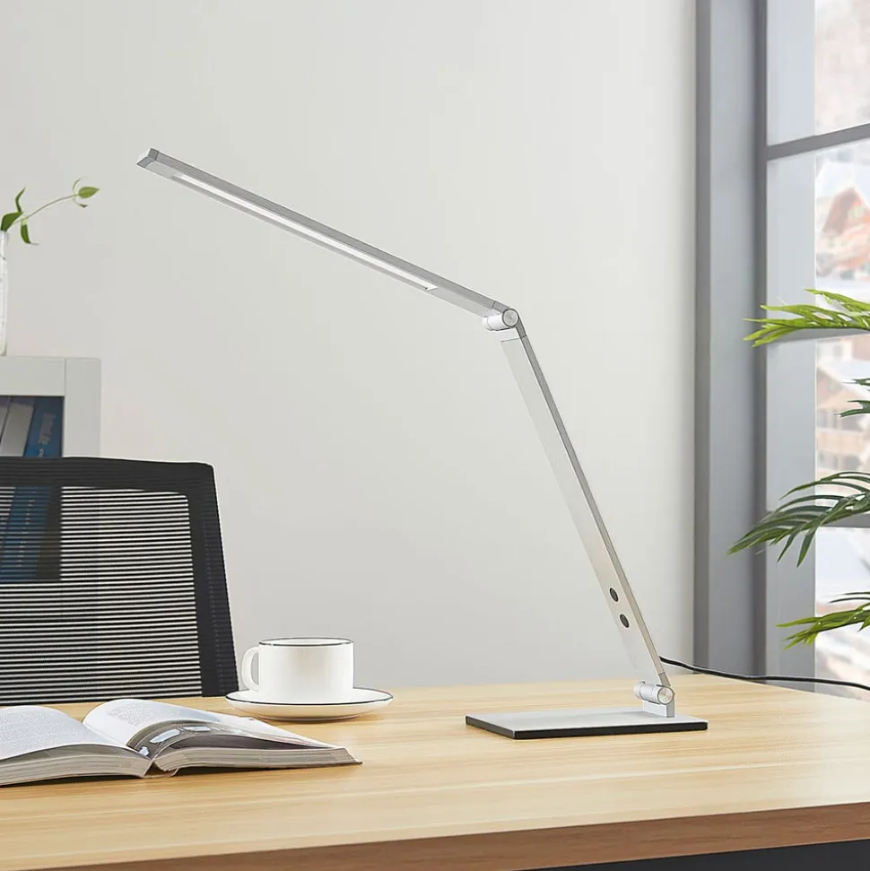 Lucande LED-skrivebordslampe Nicano, grå, metal, dæmpbar.