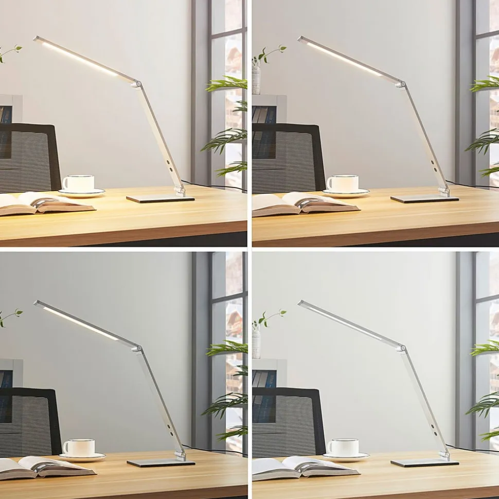 Lucande LED-skrivebordslampe Nicano, grå, metal, dæmpbar.