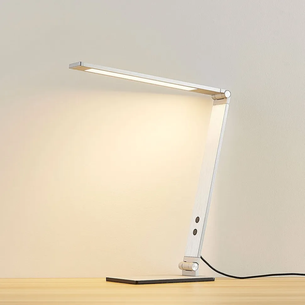 Lucande LED-skrivebordslampe Nicano, grå, metal, dæmpbar.