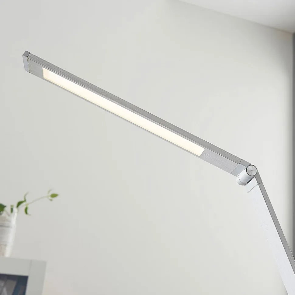 Lucande LED-skrivebordslampe Nicano, grå, metal, dæmpbar.