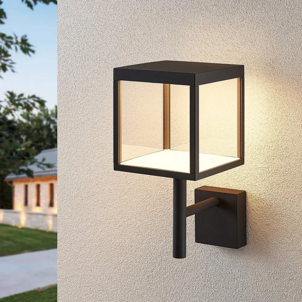 Lucande LED-væglampe Cube, antracit, glas, 37 cm, IP54