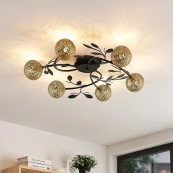 Lucande loftlampe Evory, Ø 69 cm, 6 lyskilder, sort/guld, G9