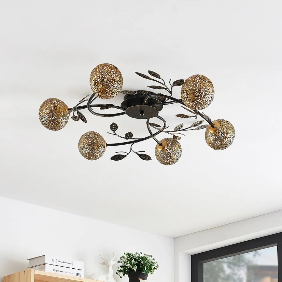 Lucande loftlampe Evory, Ø 69 cm, 6 lyskilder, sort/guld, G9