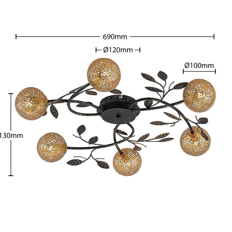 Lucande loftlampe Evory, Ø 69 cm, 6 lyskilder, sort/guld, G9