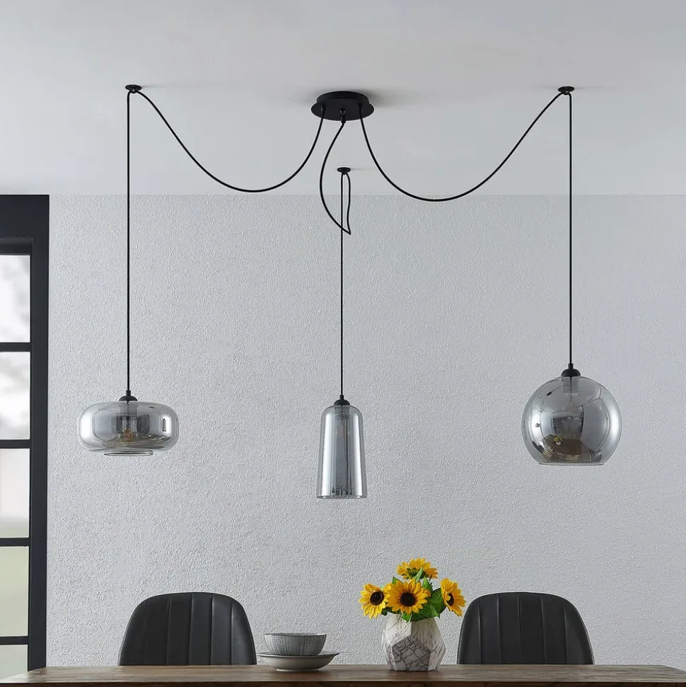 Lucande pendellampe Zyli, 3 lyskilder, røggrå, glas
