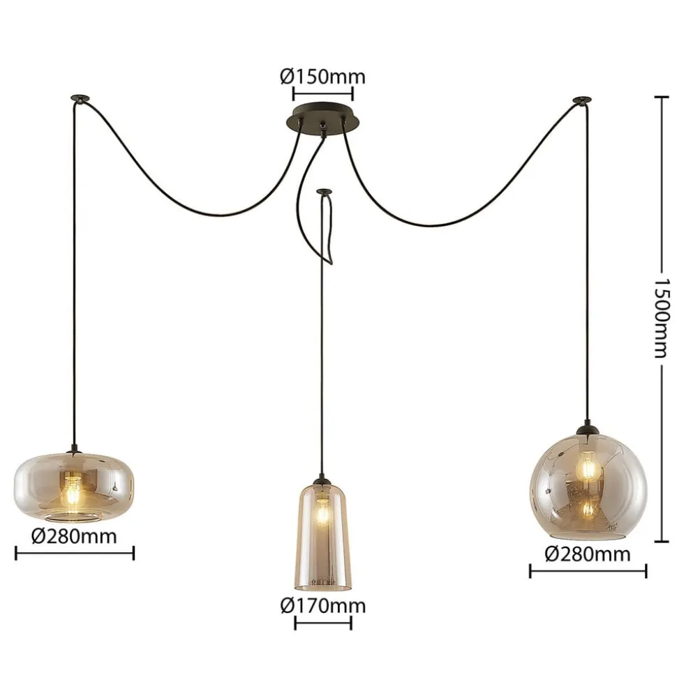 Lucande pendellampe Zyli, 3 lyskilder, røggrå, glas