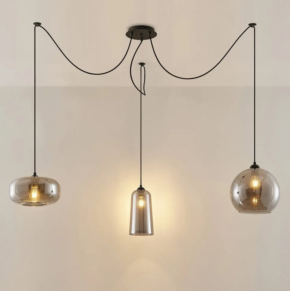 Lucande pendellampe Zyli, 3 lyskilder, røggrå, glas