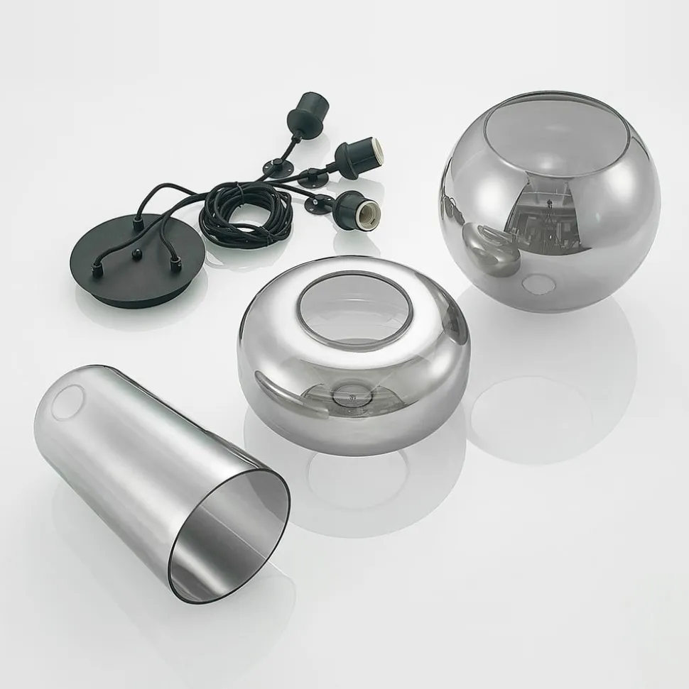 Lucande pendellampe Zyli, 3 lyskilder, røggrå, glas