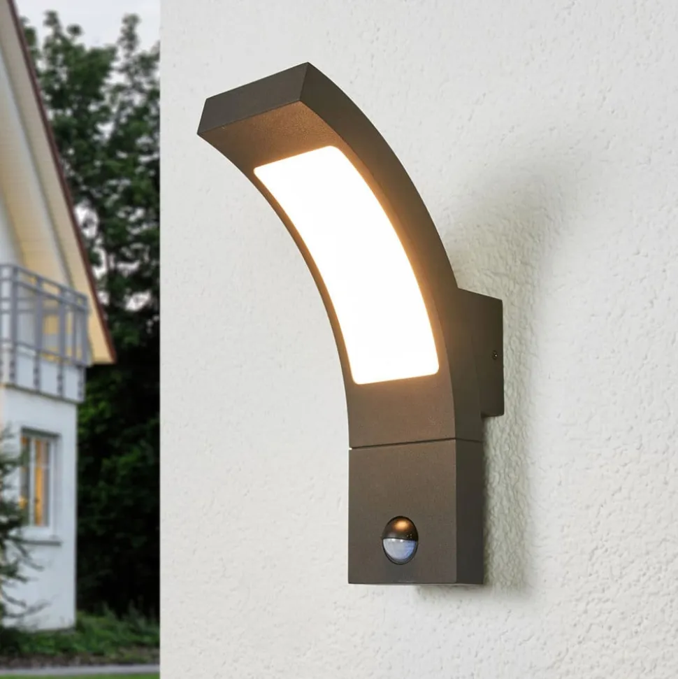 Lucande udendørs LED-væglampe Juvia, sensor, 27 cm, grå, IP54