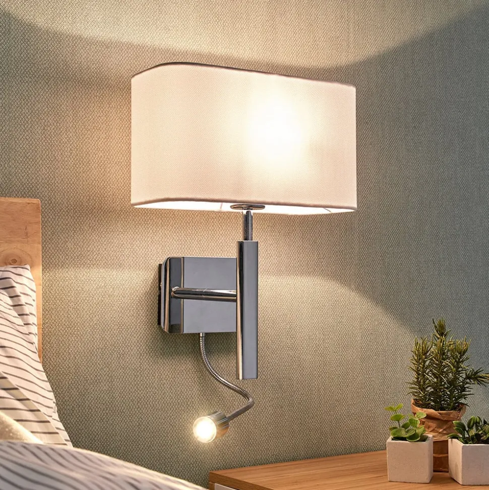 Lucande væglampe Jettka, højde 63 cm, læsearm, tekstil