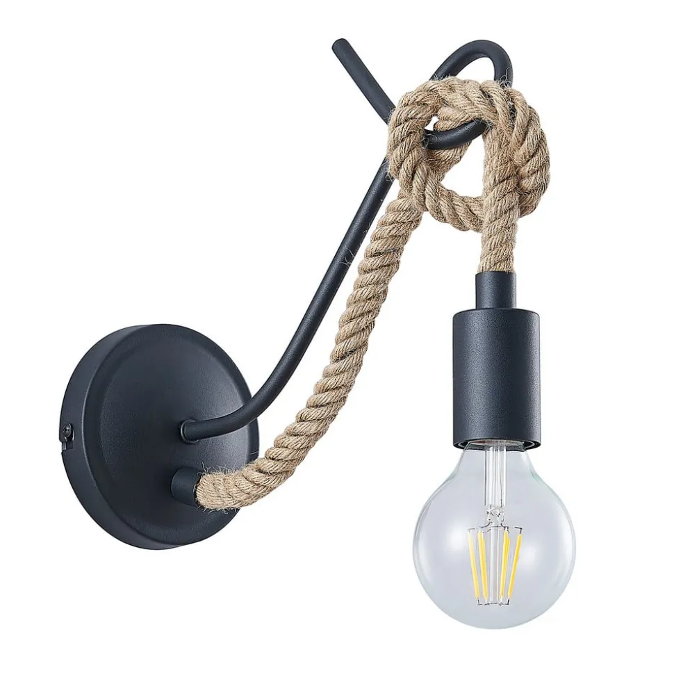 Lucande væglampe Ropina, sort, hampereb, højde 25 cm
