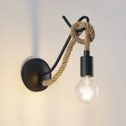 Lucande væglampe Ropina, sort, hampereb, højde 25 cm