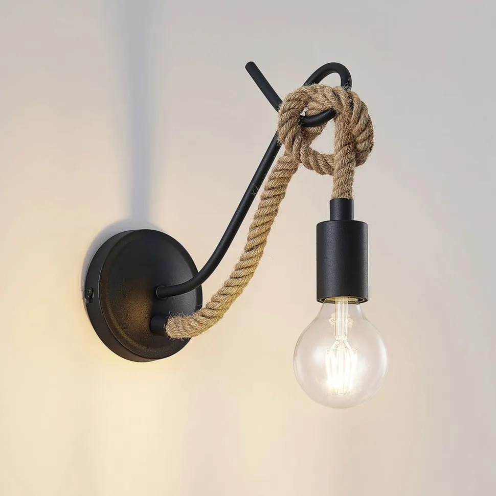 Lucande væglampe Ropina, sort, hampereb, højde 25 cm