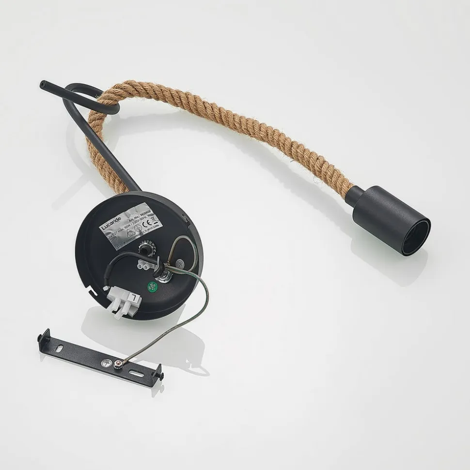 Lucande væglampe Ropina, sort, hampereb, højde 25 cm