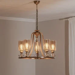 Lysekrone Jadina, guld antik, 5 lyskilder, Ø 62 cm metal/glas