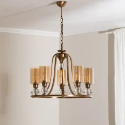 Lysekrone Jadina, guld antik, 5 lyskilder, Ø 62 cm metal/glas