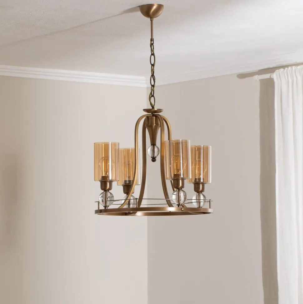 Lysekrone Jadina, guld antik, 4 lyskilder, Ø 50 cm metal/glas