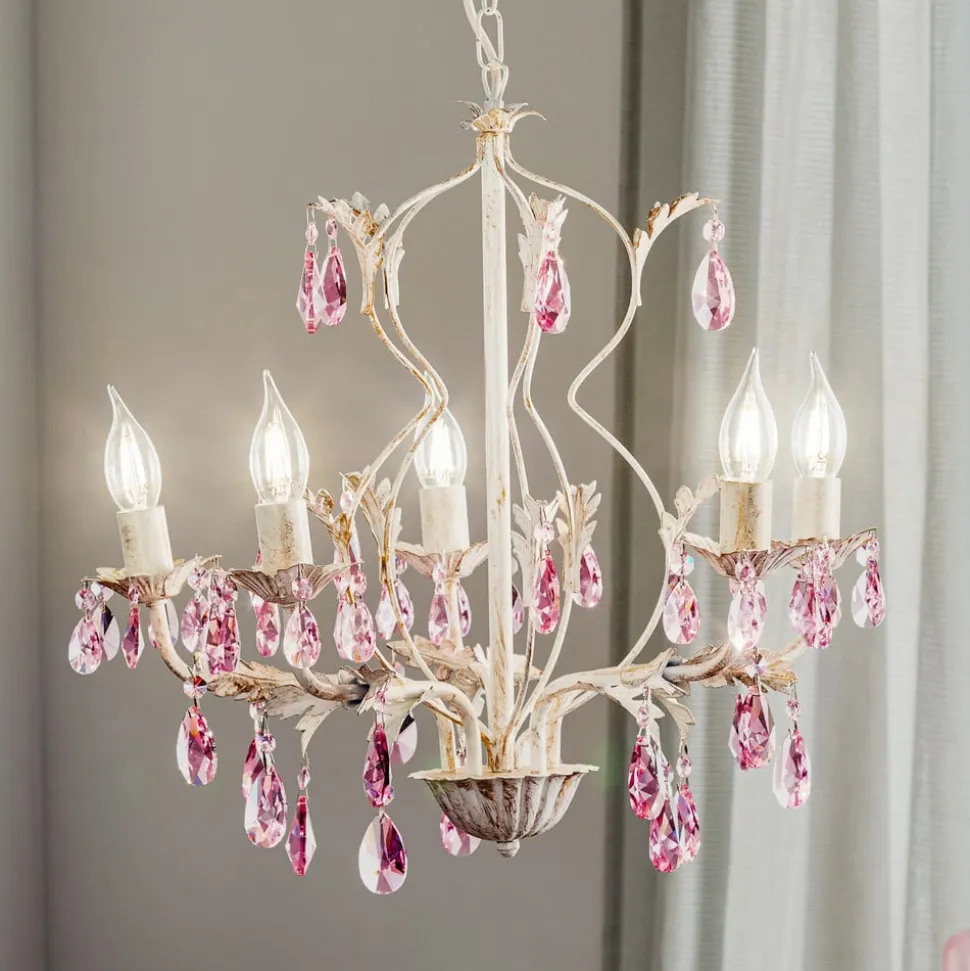 Lysekrone Kate, 5 lyskilder hvid, rosékrystaller