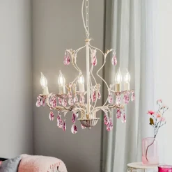 Lysekrone Kate, 5 lyskilder hvid, rosékrystaller