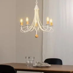 Lysekrone Milvia, 5 lyskilder, hvid/træfarvet, metal