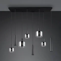 Mataro hængelampe, krom/sort, 118 cm, 8 lyskilder glas/metal