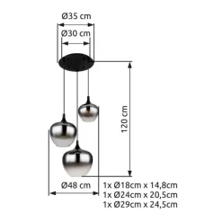 Maxy hængelampe, Ø 48 cm, røggrå, glas, 3 lyskilder.
