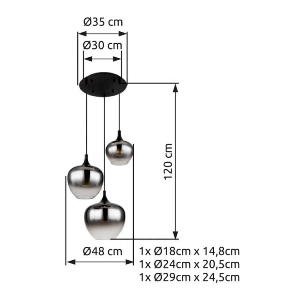 Maxy hængelampe, Ø 48 cm, røggrå, glas, 3 lyskilder.
