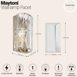 Maytoni Facet væglampe, højde 25 cm, guldfarvet, glas, E14