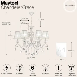 Maytoni Grace lysekrone, hvid, 6 lyskilder, organza, E14