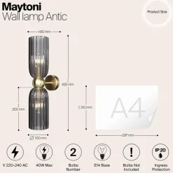 Maytoni væglampe Antic, 2 lyskilder, guld/grå, glas