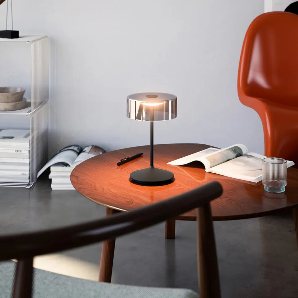 Numotion LED genopladelig bordlampe, sort, glas, IP54, dæmpbar