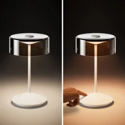 Numotion LED genopladelig bordlampe, hvid, glas, IP54, dæmpbar