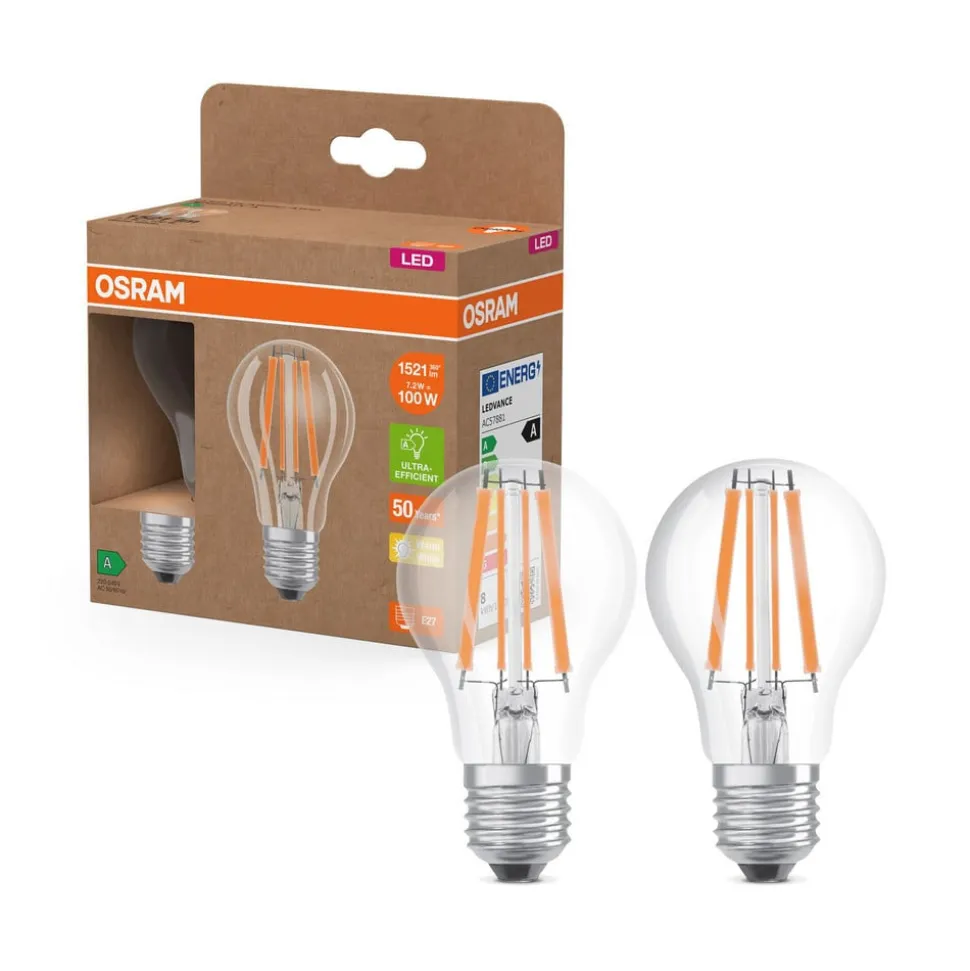 OSRAM LED glødepære E27 7,2W filament 2,700K 1521lm 2-pack