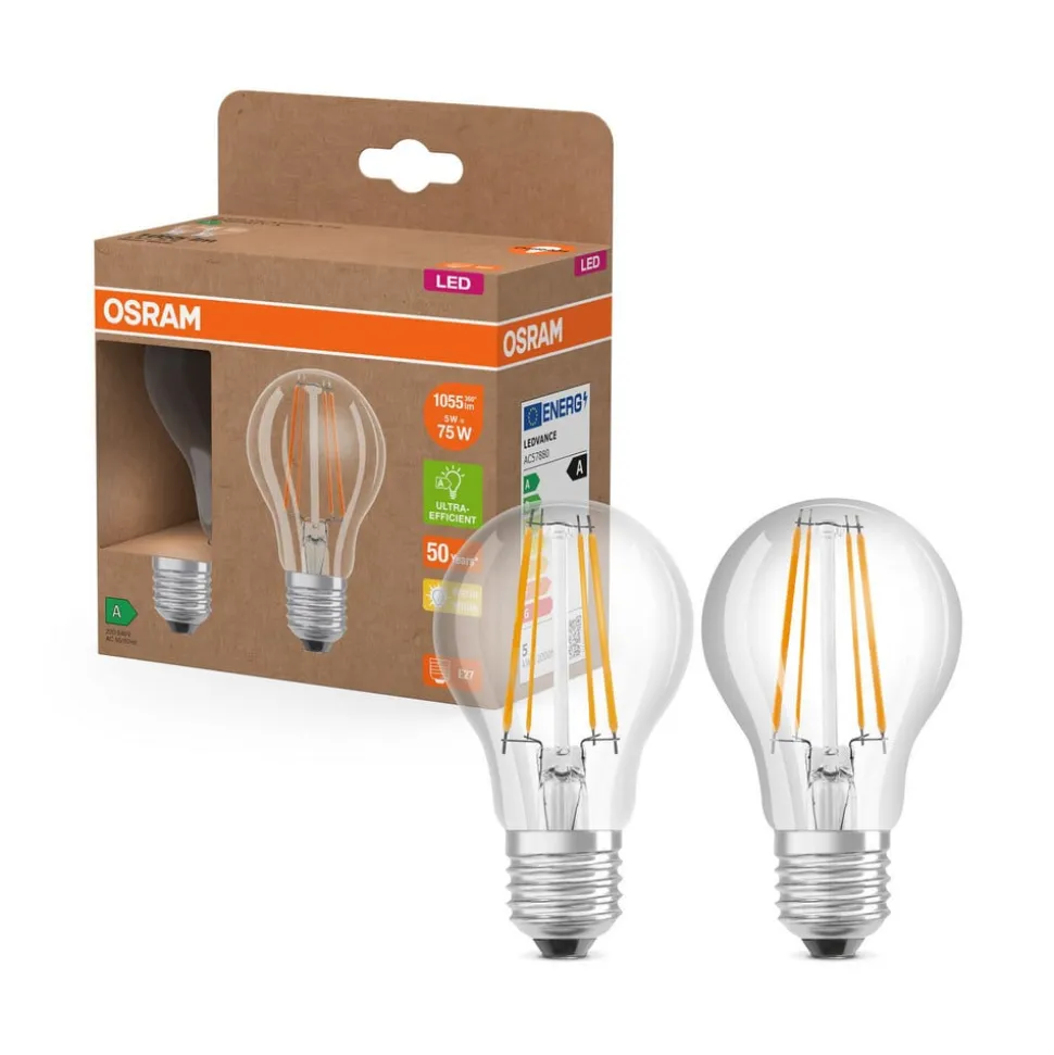 OSRAM LED glødepære E27 5W filament 2,700K 1055lm 2-pack