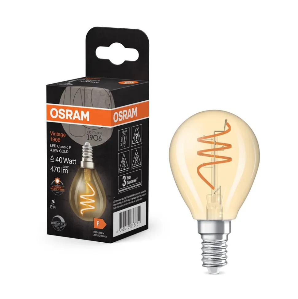 OSRAM LED Vintage P40 E14 4,9W 922 Spiral Filament gold dæmpbar