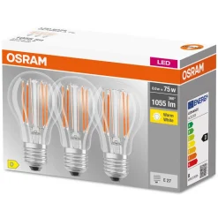 OSRAM LED-filamentpære E27 Base 7,5 W 2.700 K 3 st