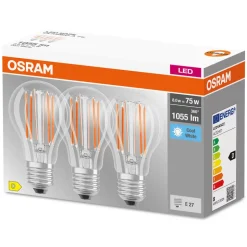 OSRAM LED-filamentpære E27 Base 7,5 W 4.000 K 3 st